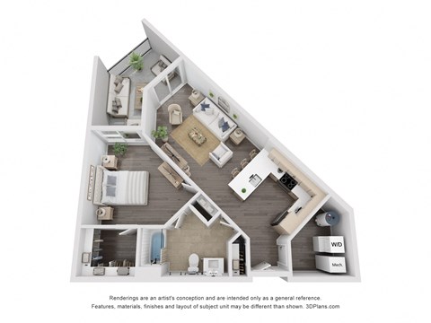 Floor plan for 1 bed, 1 bath, 848 sqft